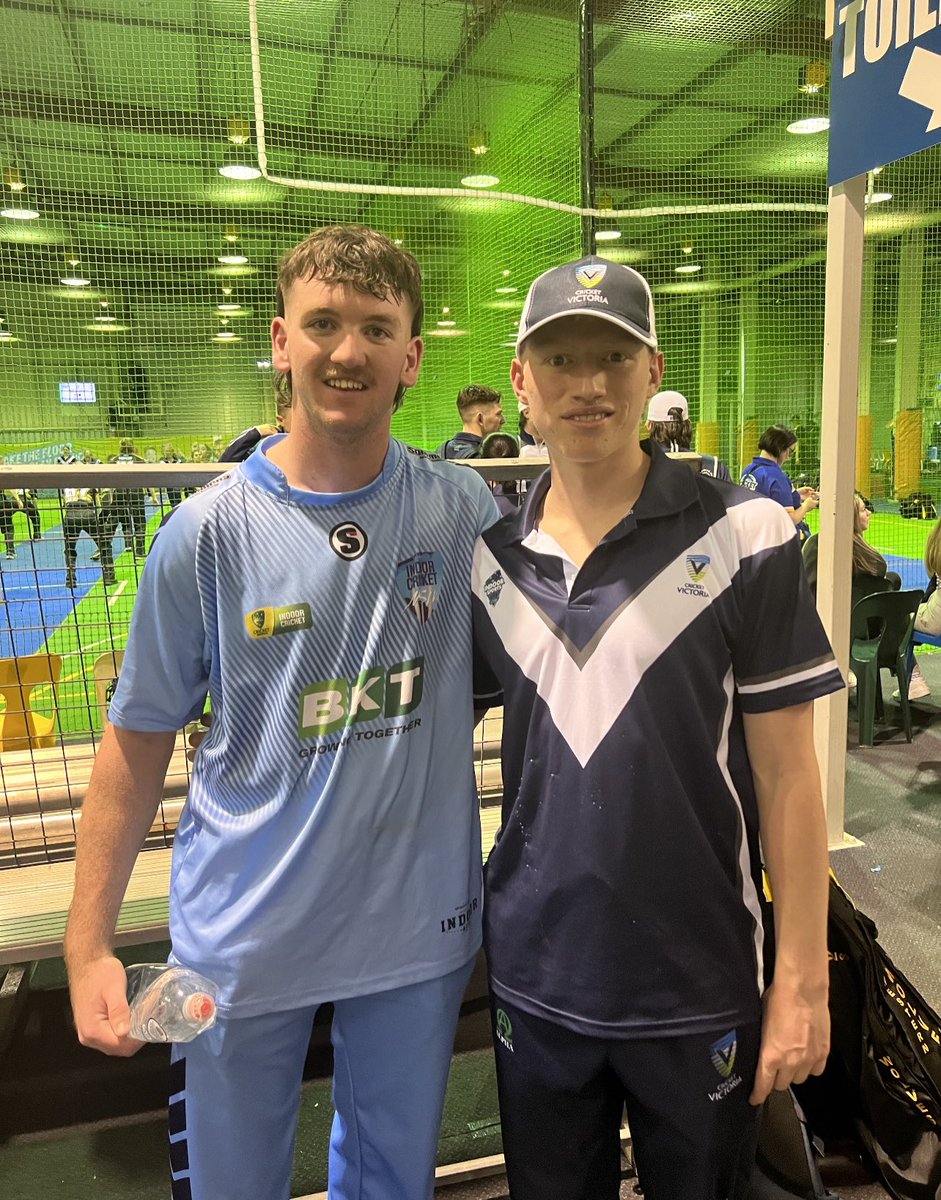 Gecks69's tweet image. U22 players Luke Meek (NSW) &amp;amp; Zac Grech (Vic) have squared off since U13’s, when they also played together for the junior Australian indoor side at a World Cup in NZ. They’re competing for the 7th time at #ICNC in Ipswich 🏏 🟡 #IndoorNationals23 | 
@CA_Indoor National Champs