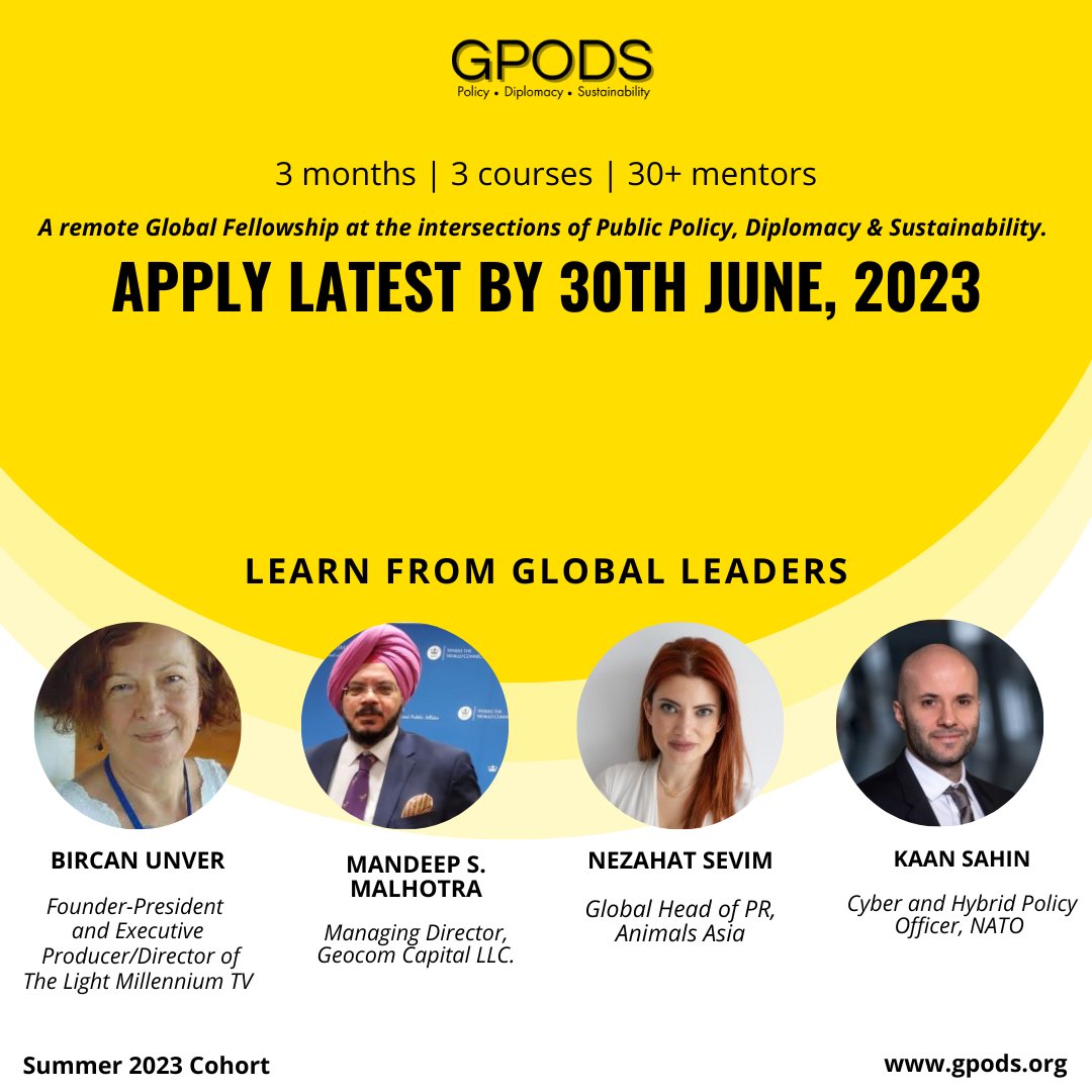 Apply now for the GPODS Fellowship and be a part of the community of global leaders and experts specialising in the fields of public policy, diplomacy and sustainability.

To know more and apply, visit: gpods.org

#fellowship #sustainability #diplomacy #policy