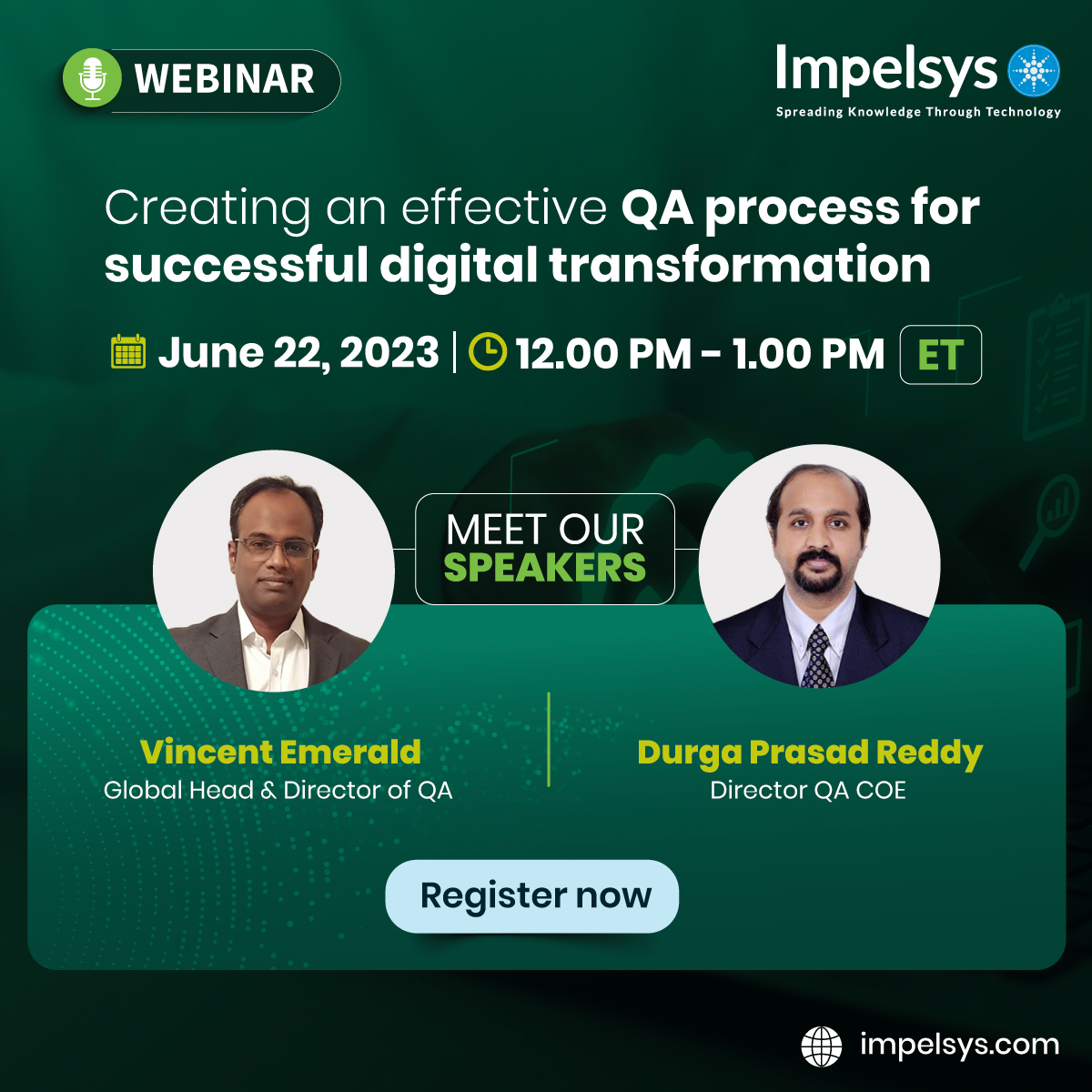 Impelsys's tweet image. Join Vincent Emerald and Durgaprasad Reddy as they demonstrate how an effective #QAprocess can enable successful #digitaltransformation. Register now at events.teams.microsoft.com/event/fcddaae3…
#Impelsys #Webinar #QA #Testing #TestingServices #EndToEndTestingServices #TestingTools #QAAutomation