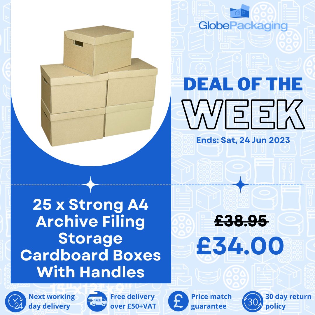 GlobePackaging's tweet image. Don't miss our Deal of the Week! Get 25 x Strong A4 Archive Filing Storage Cardboard Boxes With Handles, sized 15"x12"x9", at an incredible price! Perfect for office moves, storage, or archiving projects. Visit Globe Packaging now! 

#GlobePackaging #DealOfTheWeek #ArchiveBoxes