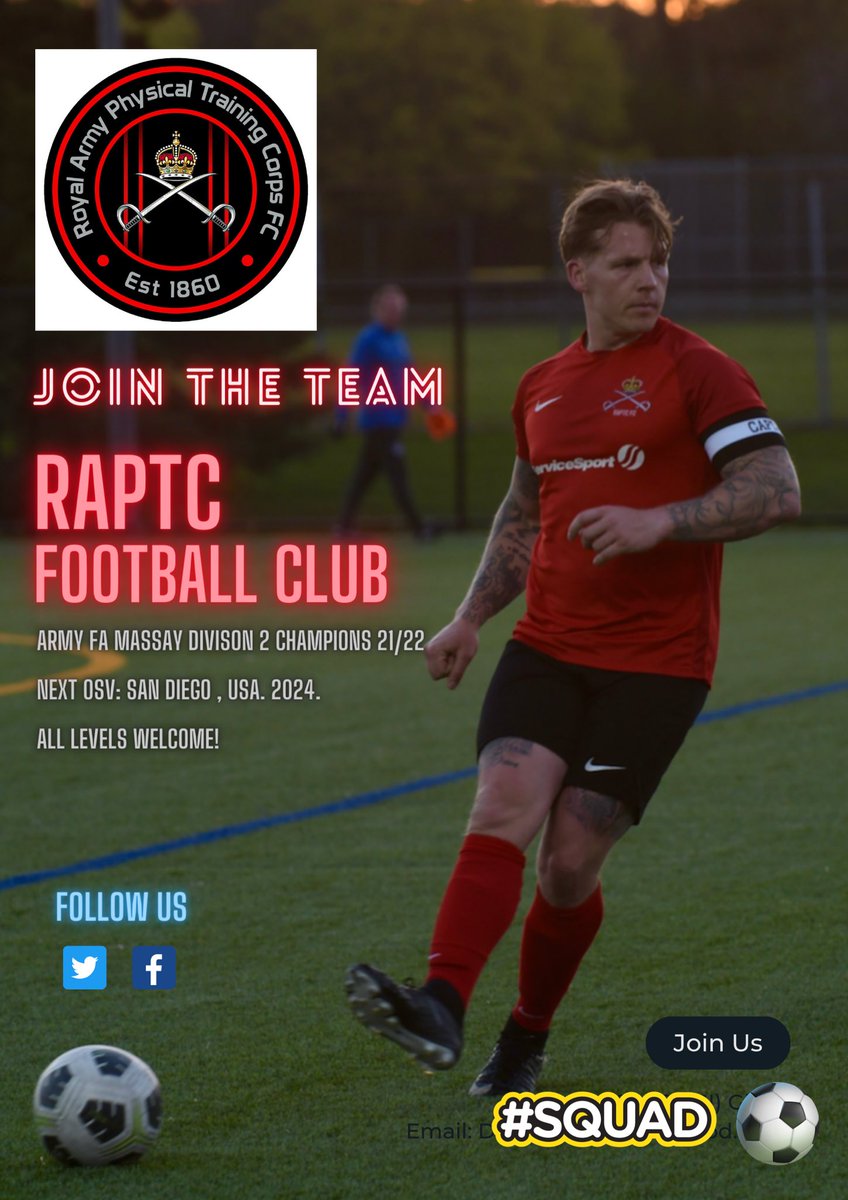 Join the Team ⚔️

The RAPTC Football Club are looking for new players across the Corps to join our existing squad of players. 

DM for details. 

#jointheteam 
@RAPTC_Official 
@RAPTC_Corps_SM 
@Armyfa1888 
@ArmySportASCB 
@servicesport 
@L4Teamwear