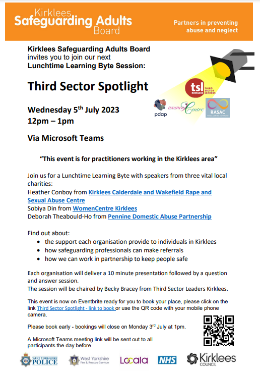 tslkirklees's tweet photo. #WYSafeguardingWeek: 19th - 23rd June
TSL Kirklees Safeguarding Network 4th July https://t.co/KrTrZI0vPE
Kirklees Safeguarding Adults Board: Lunchtime Learning Byte 5th July https://t.co/JL8lKS9wtu
Kirklees Safeguarding Children Partnership Events https://t.co/uH23YCyBSr https://t.co/momATHmU4d