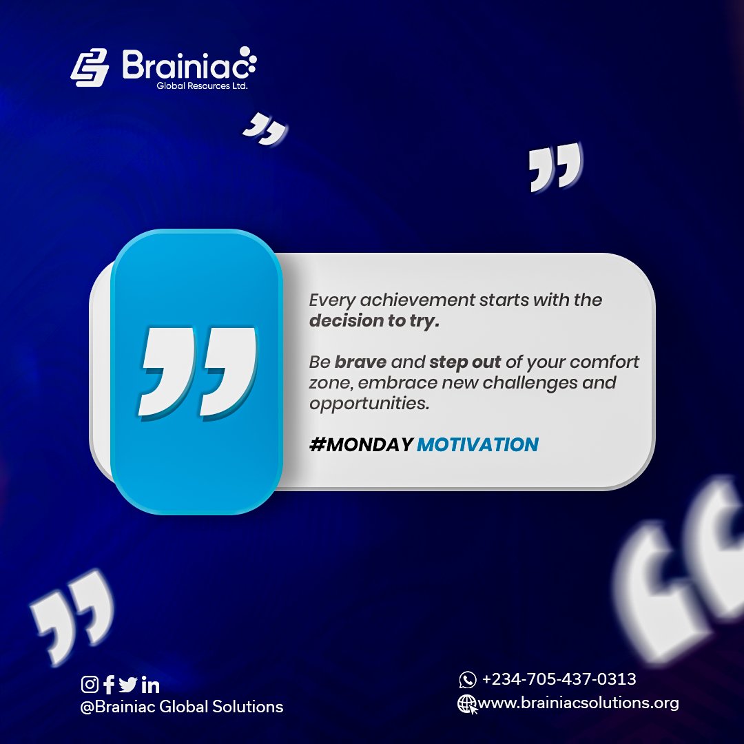 Action breeds confidence and bravery. If you want to conquer fear, do not sit at home and think about it. Go out and get busy.

Have a productive Monday!

Call +234-705-437-0313 and talk to our experts

#brainiacglobalsolutions #mondaymotivation #mondaymorning #itconsulting