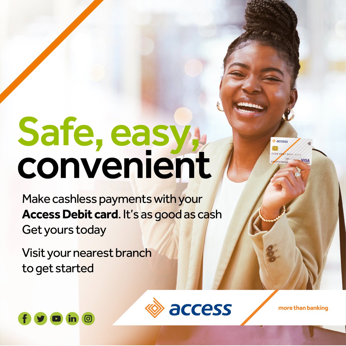 Save time, use your card to pay for goods and services instore and online, or access cash at any VISA enabled ATM instead of walking into a branch.

Collect your Access Debit Card today.

#AccessMoreProducts
#MoreThanBanking