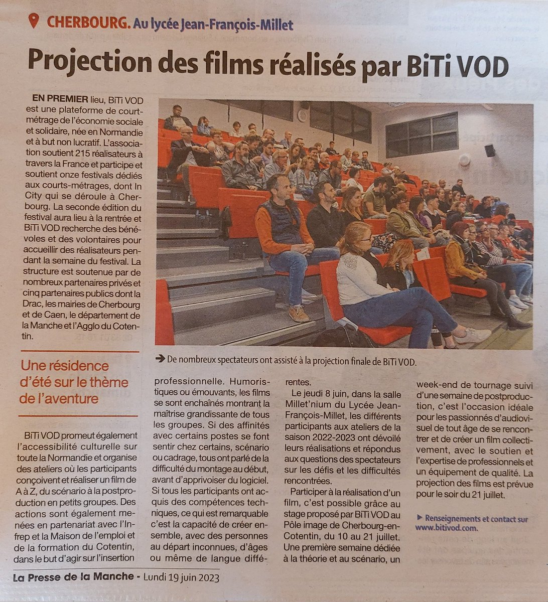 Merci à @LaPresseManche pour son #article paru ce jour sur notre dernière #projection à @LyceeMillet et nos prochains #ateliers de Juillet 😃🥰

#bitivod #cherbourg #cinéma #loisirs #fictions #apprendre #ensemble #culture #fun #association #ilsontlasolution