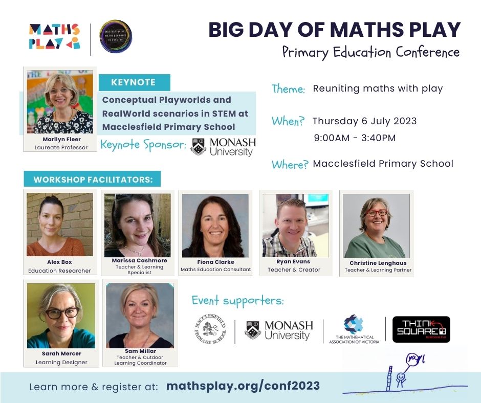 Not long now 'til this meet-up and big day of #primarymathsPD in the #YarraRanges!

Registrations close 5PM this Thursday 22 June.

See the full program and secure a place at: events.humanitix.com/maths-play-con…

#MathsPD #PrimaryTeacher #MathsConference #playfulmaths #AussieED #MTBoS