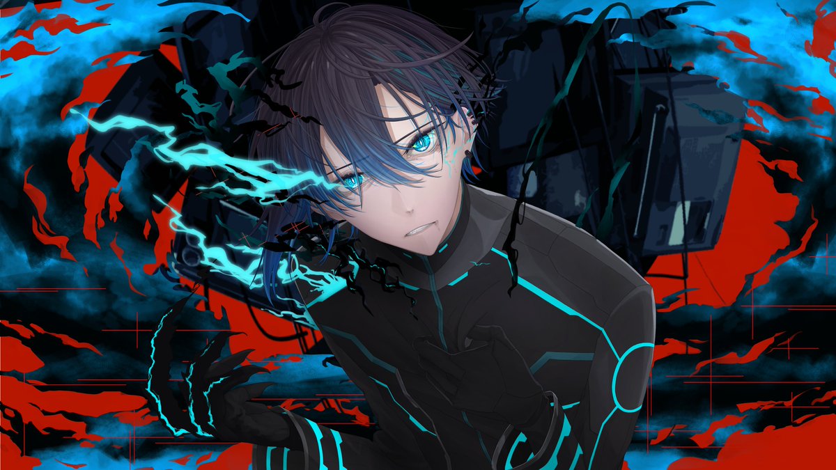 1boy male focus solo blue eyes looking at viewer hair between eyes blue fire  illustration images