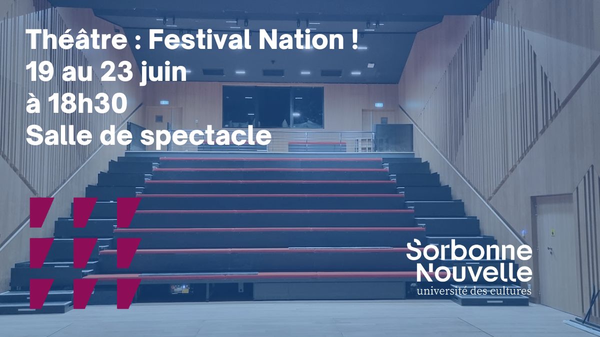 [Théâtre 🎭]
L'Institut d'études théâtrales (IET) inaugure le Festival Nation avec  l'#ESAD, <a href="/univpaulvalery/">Université de Montpellier Paul-Valéry</a> et #studioesca  
Du 19 au 23 juin 2023
A 18h30 - 📍Salle de spectacle #CampusNation 
Gratuit sur réservation  ▶️ bit.ly/3CwUiyr