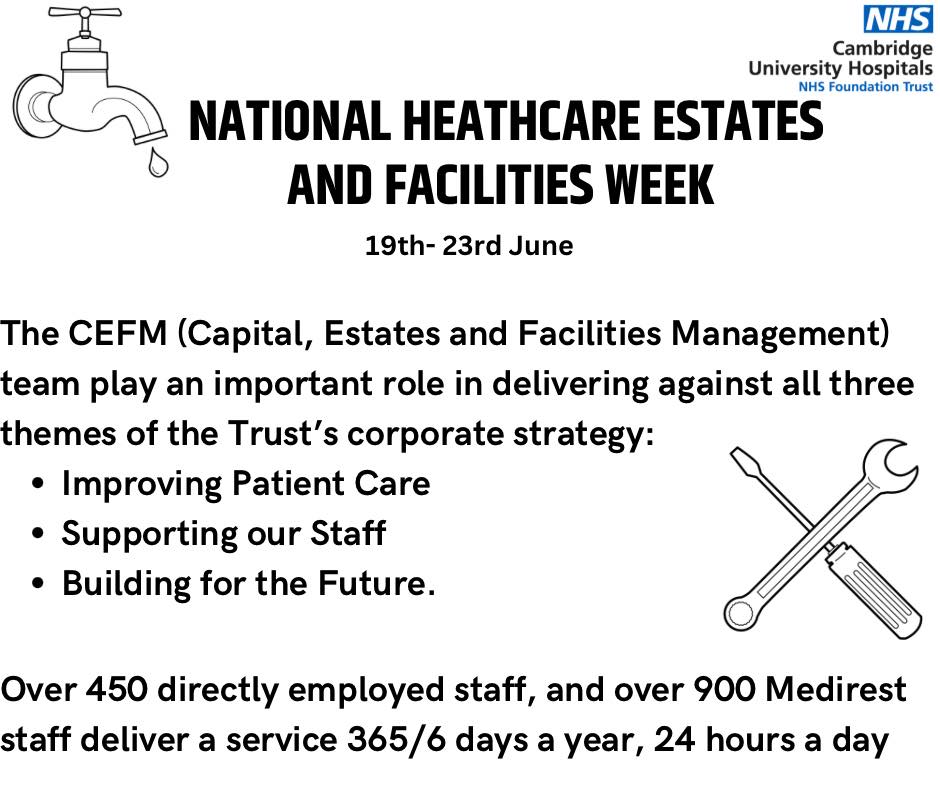 It’s officially the start of the our NHS Estates and Facilities Week! 🔧🥳

During the week there will be behind the scenes tours, concourse pop ups and lots of information on who we are and what we do.
More information can be found on Connect