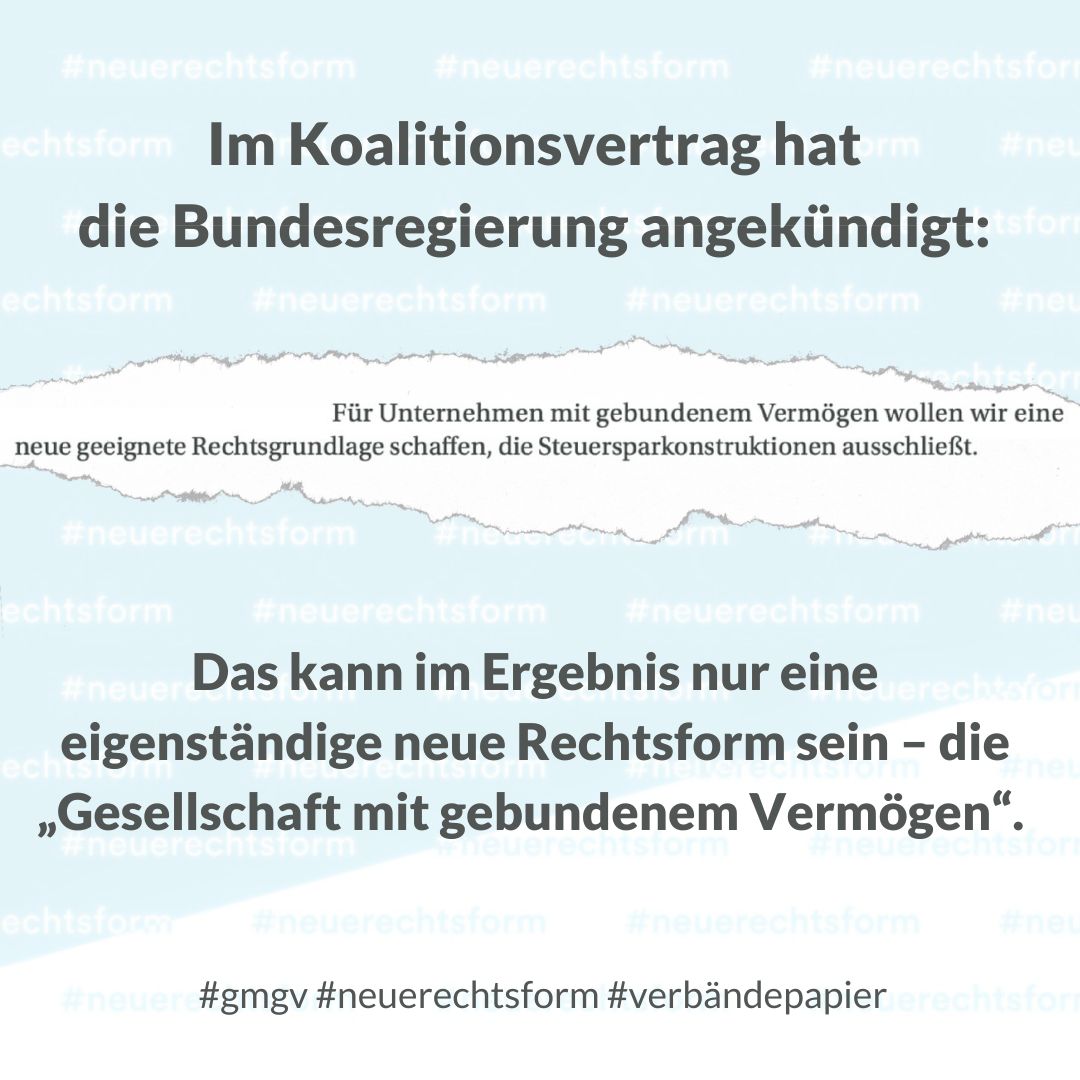 22 Verbände ziehen an einem Strang + fordern eine #neuerechtsform für Unternehmen mit gebundenem Vermögen. In ihrem Koalitionsvertrag haben <a href="/spdde/">SPD Parteivorstand 🇪🇺</a> <a href="/Die_Gruenen/">BÜNDNIS 90/DIE GRÜNEN</a> <a href="/fdp/">FDP</a> “geeignete Rechtsgrundlage” versprochen. #GmgV kann helfen  Nachfolge-Lücke zu schließen: stiftung-verantwortungseigentum.de/fileadmin/user…