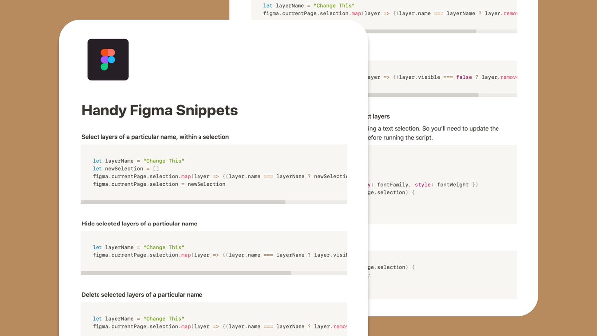 I compiled a Notion doc of handy code snippets that have helped me speed up my design workflow and maintain components in Figma. I hope they help you too!

jordangeizer.notion.site/Handy-Figma-Sn…