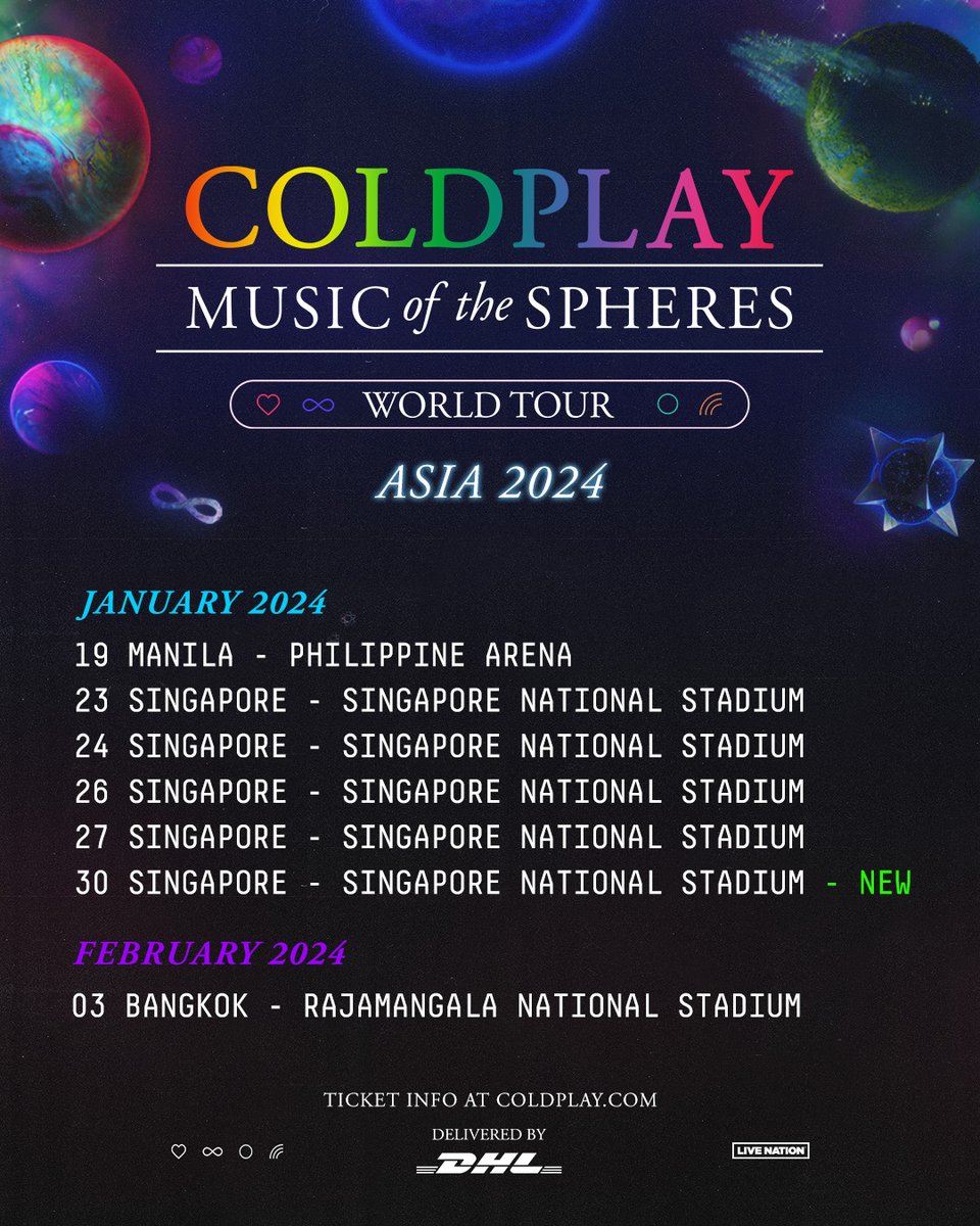The presale for the Singapore shows on Jan 23, 24, 26 & 27 is now closed. Due to incredible demand, a 5th show at Singapore National Stadium has been added for Jan 30. The general sale for all five shows begins at 10am local time tomorrow (June 20).