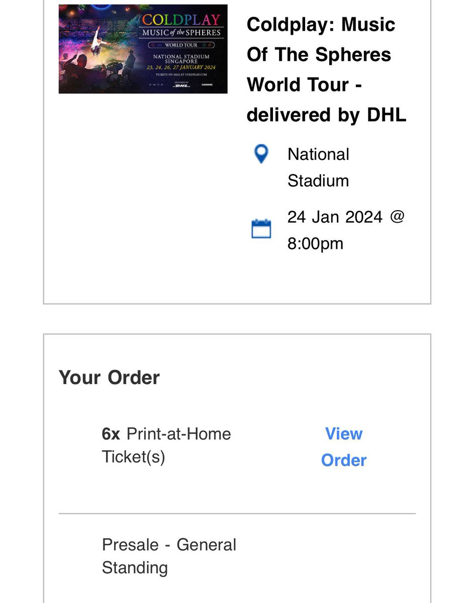 smarasista's tweet photo. Selling 6 x general standing pen tickets for Coldplay Singapore, 24 January show. #wts #wtscoldplay #COLDPLAYinSG https://t.co/Nzx9QGVbnp