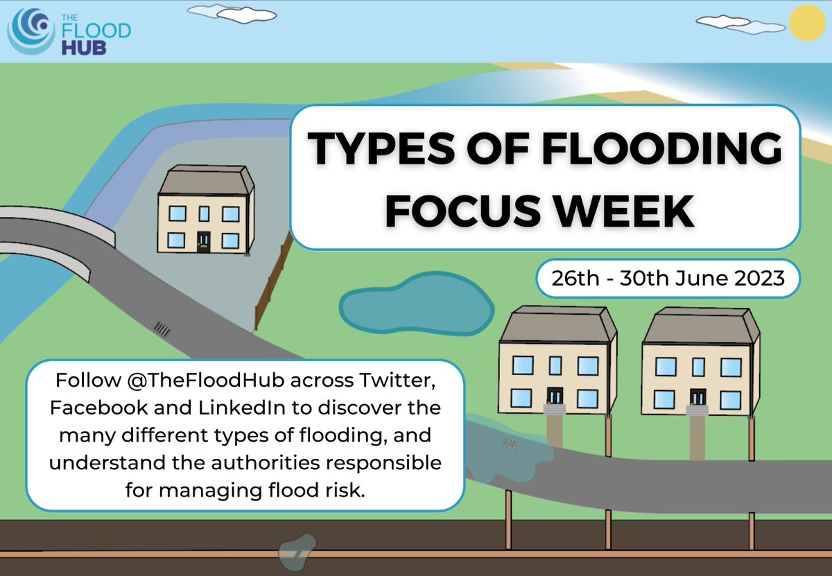 🌊 Get ready for our Types of #Flooding Focus Week, from 26th June!🌧️
 
Don't let the dry weather fool you – now is the perfect time to learn &amp; prepare for potential #floods.

thefloodhub.co.uk
#FloodAware #FloodRisk #BeFloodAware #FloodRiskManagement #FloodResponse