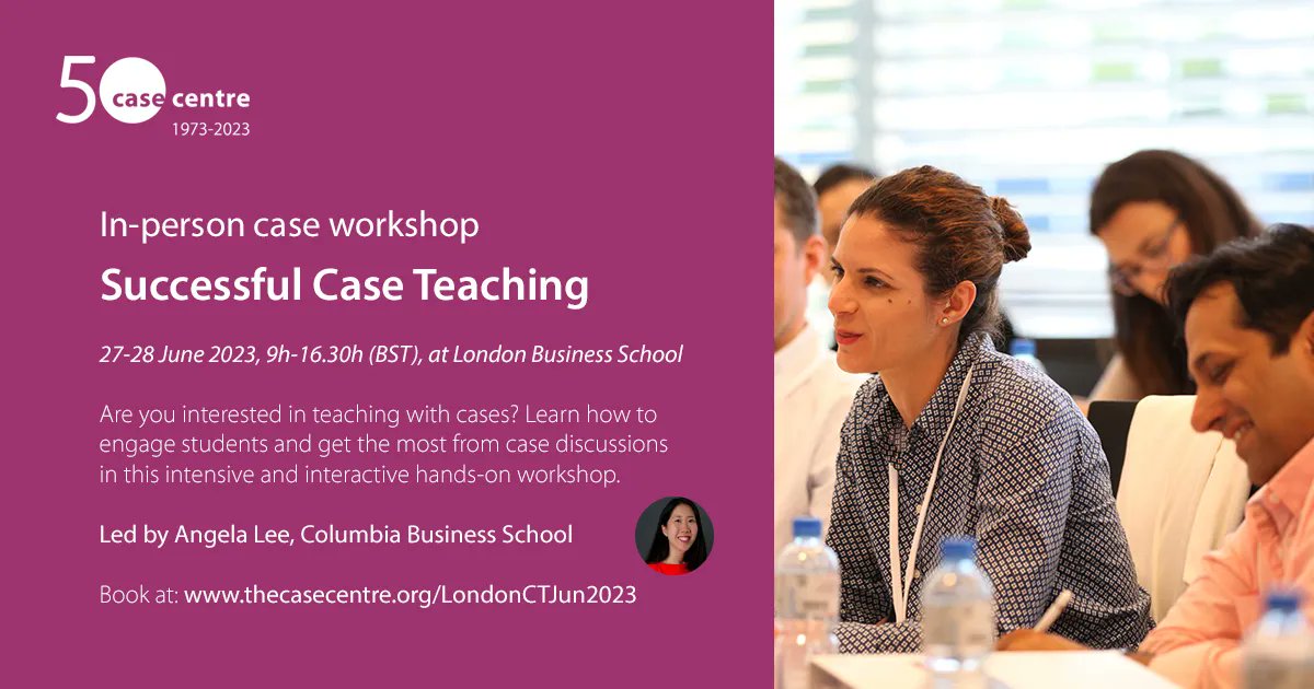 🚨 1️⃣ WEEK TO GO 🚨 

Are you interested in teaching with cases? We're at @LBS next week for an in-person #caseworkshop on successful #caseteaching.

🗓 Tuesday 27 and Wednesday 28 June (9h-16.30h BST)
👩‍🏫 @angelawlee, @Columbia_Biz

Book now 👉 buff.ly/3kivB35