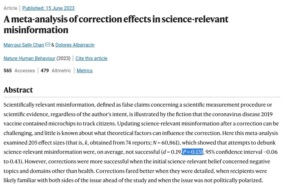 Les désastres de la p-value, exhibit n+1.

Une publication scientifique écrit noir sur blanc dans son résumé que "les tentatives de debunk ... ne marchent pas", uniquement parce que la p-value est supérieure à 5%.

C'est de la très très mauvaise science.
nature.com/articles/s4156…
