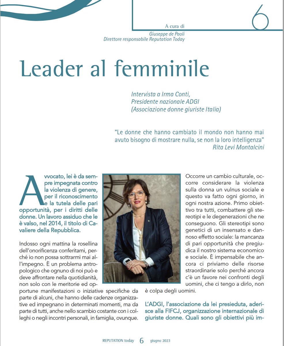 ReputationAGCY's tweet photo. Leadership al femminile: intervista a @IrmaConti presidente nazionale Associazione Donne Giuriste Italia #ADGI Leggi l'intervista completa su Reputation Today https://t.co/viA2cFFgz9 https://t.co/qdETIWWYbs