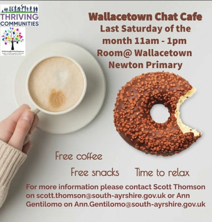 ScottT1910's tweet photo. Wallacetown Chat Cafe returns on Saturday 11am - 1pm. We will be heading to the Ayr United Open day after for any families who would like to join us. 🙂 @CLD_SAC @WallacetownH @gentilomo1 @Onofrio_Ann #ThrivingCommunities #workingforwallacetown https://t.co/AJsBMMpLUs