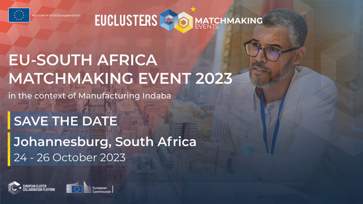 Seeking global partnerships? 🌍

Secure your spot in the mission to the dynamic city of Johannesburg! This is your chance to engage with top-notch clusters from SA and visit @IndabaManufact:

🗓️ EU-South Africa #ECCPMatchmaking Event
24-26 October 2023 ⬇️ 
clustercollaboration.eu/content/eu-sou…