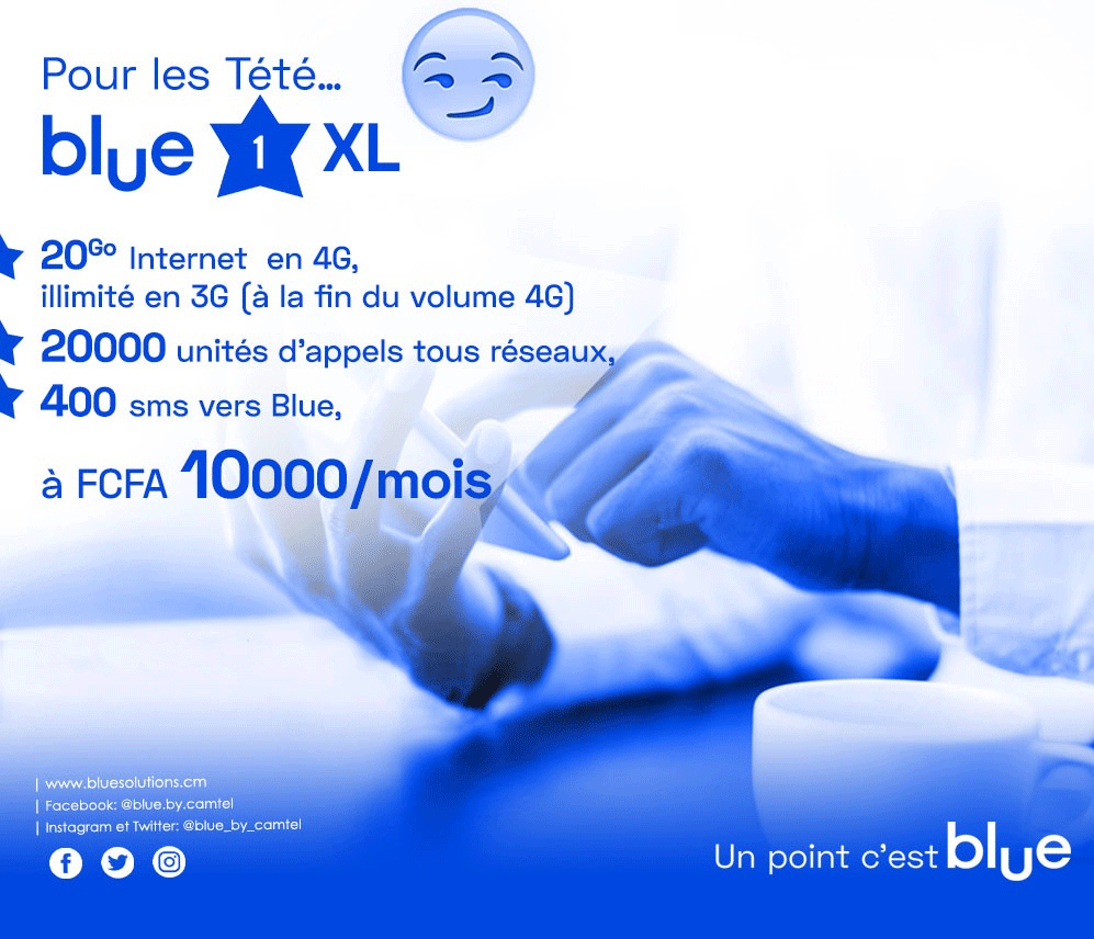 Blue one XL 20Go + 20000U d'appel + 400 sms à FCFA 10000 / mois.
*825*1*1*1*4#
#NUMBAONE #SoisIllimitéAvecBlue