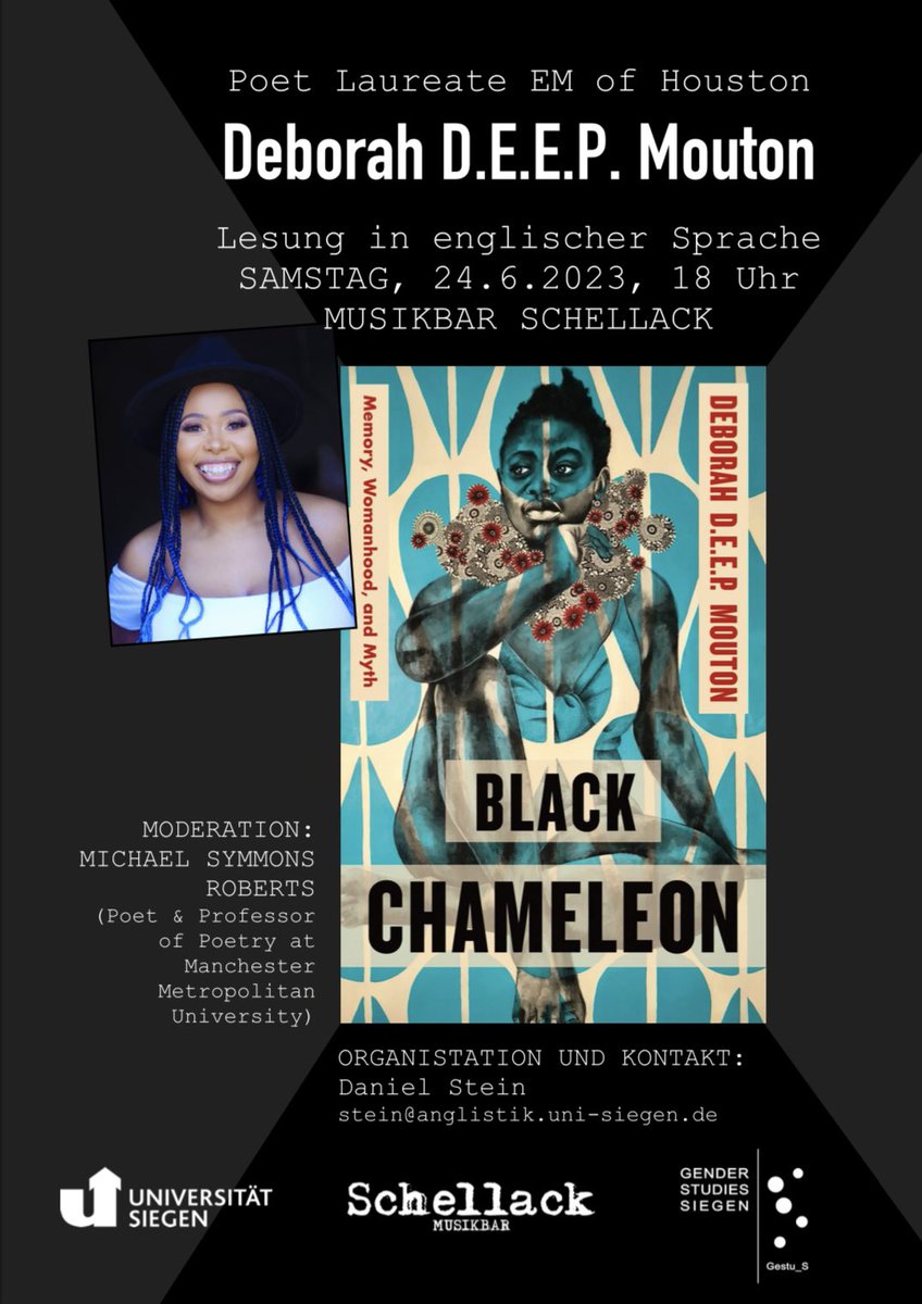 marsimekko's tweet photo. We invite you to join a reading in English this Saturday, June 24, at 6 pm at Musikbar Schellack with @livelifedeep, Poet Laureate EM of Houston, presenting her memoir “Black Chameleon – Memory, Motherhood, and Myth”. Host: Michael Symmons Roberts  @thedanielstein @UniSiegen https://t.co/DOmgXqtIsi