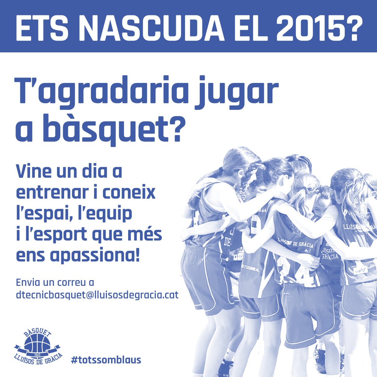 Si ets nena i nascuda el 2015 vine a coneixen's i entra a formar part de la família blava. Podeu escriure en el correu de la imatge i us convocarem a venir a entrenar. Us esperem! #totssomblaus #blausambvalors