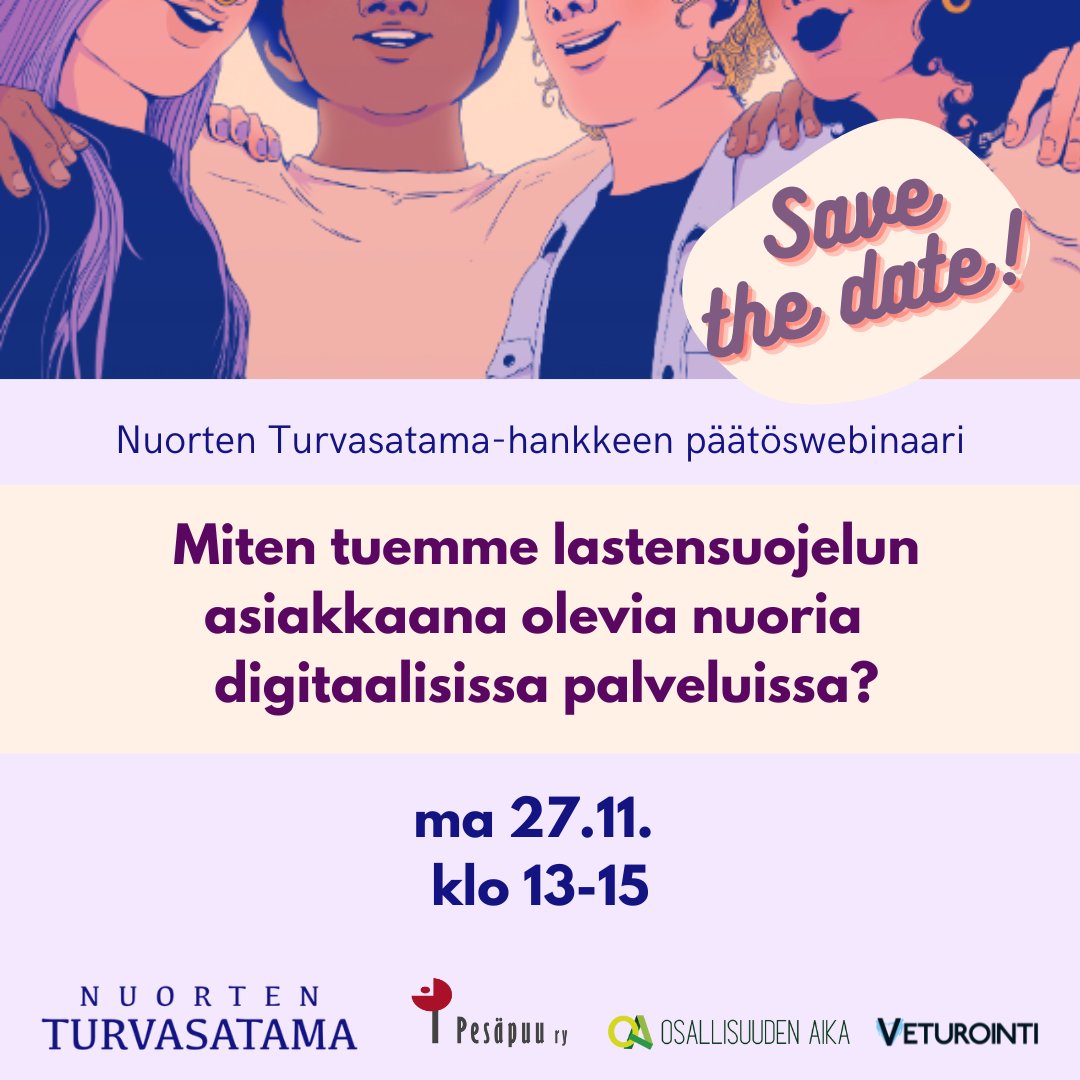 Save the date! Järjestämme marraskuussa hankkeemme päätöswebinaarin, josta saat käytännönläheistä tietoa #lastensuojelu nuorten tukemisesta digitaalisissa palveluissa. Julkaisemme samalla maksuttoman oppaan aiheesta!

#digitaalinennuorisotyö  <a href="/PesapuuRy/">Pesäpuu ry</a> <a href="/Osallisuudena/">Osallisuuden aika ry</a> <a href="/veturointi/">Veturointi</a>