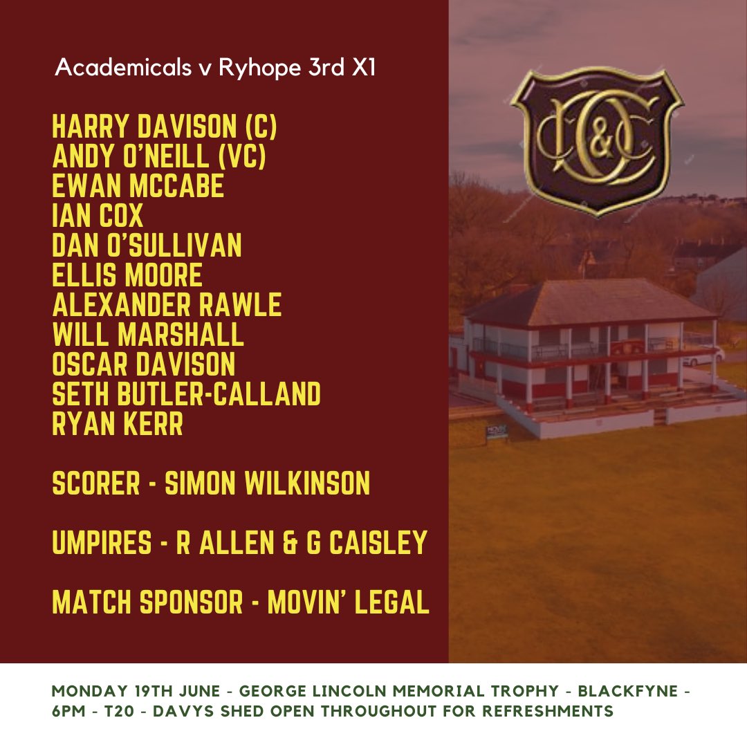 Consett Cricket Club π (@consettcc) on Twitter photo π
Monday 19th June
π George Lincoln Memorial Trophy
π Academicals v <a href="/RyhopeClub/">Ryhope Cricket Club</a> 3rd X1
ποΈ Blackfyne
β° 6pm - T20
π» Davyβs Shed 5.45pm π
Monday 19th June
π George Lincoln Memorial Trophy
π Academicals v <a href="/RyhopeClub/">Ryhope Cricket Club</a> 3rd X1
ποΈ Blackfyne
β° 6pm - T20
π» Davyβs Shed 5.45pm