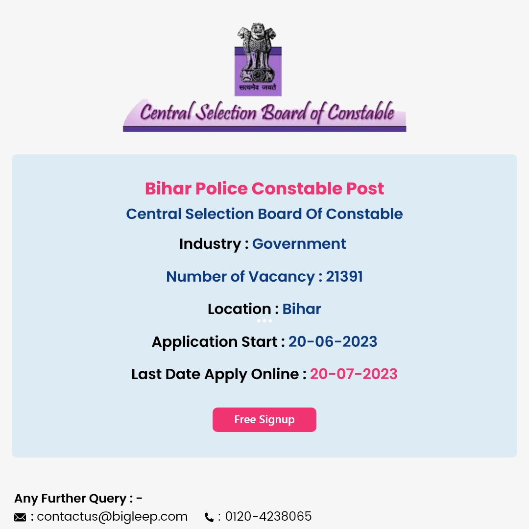 Bihar Police Constable Post

Central Selection Board Of Constable

Apply Now: bigleep.com/job-bihar-poli…

#latestjobs2023 #newjobs #jobhiring #jobavailable #jobsinindia #location #delhi #multipleposts #candidate #applicationfee #PoliceJobs #BiharJobs #Constable #govtjobs