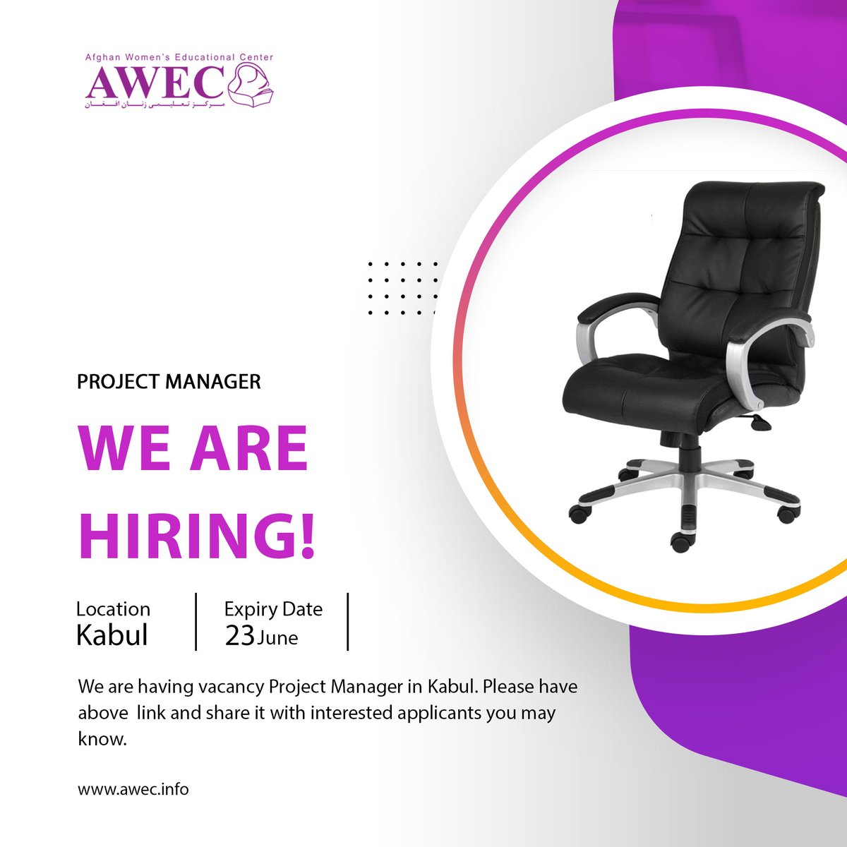 AWEC1991's tweet photo. Interested applicants can apply by bellow link:

https://t.co/K366FGDgRy

#job_vacancy #kabul #project_manager #AWEC https://t.co/kClHVKQRT5
