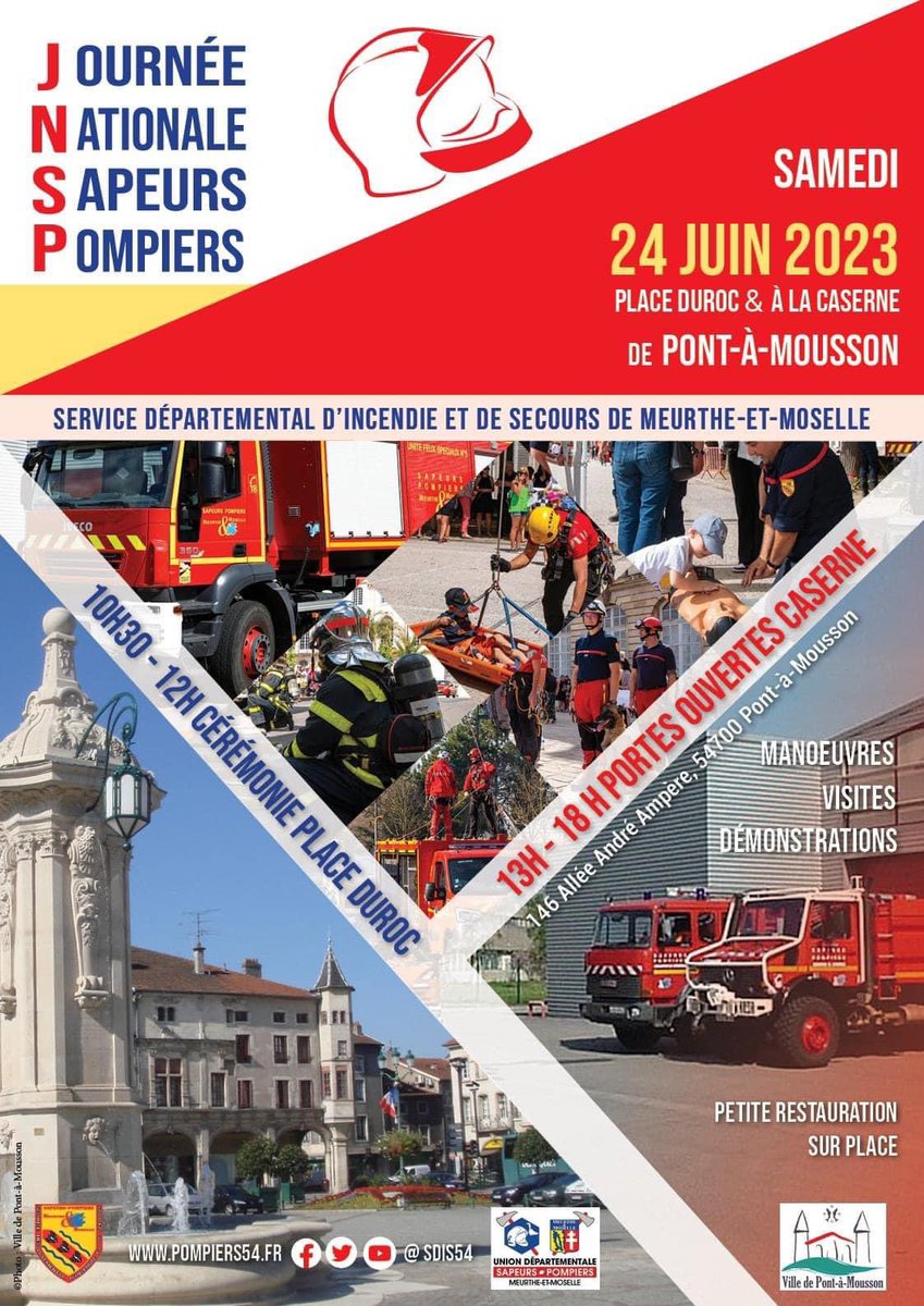 SDIS54's tweet image. [Journée nationale des SP]
Un RDV à noter? La #JNSP qui se déroulera ce samedi 24 juin à #PontÀMousson
10h30, cérémonie sur la place Duroc: prise de commandement du Colonel HC Ivan Paturel comme chef de corps des #Pompiers  du #Sdis54, et remise de médailles à plusieurs #pompiers