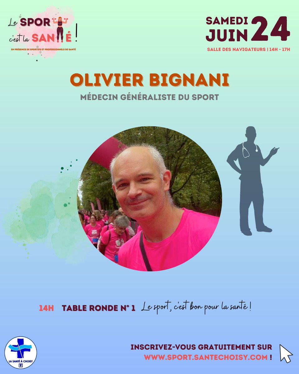 santechoisy's tweet image. 🗣️ Le 24 juin, venez rencontrer et poser vos questions à Olivier BIGNANI, #Médecin généraliste du #Sport ! 🩺

🎟️ Inscrivez-vous gratuitement sur sport.santechoisy.com !

#Sante #SportSante #BienEtre #Motivation #Fitness #Prevention #SantéChoisy #Association #ChoisyLeRoi