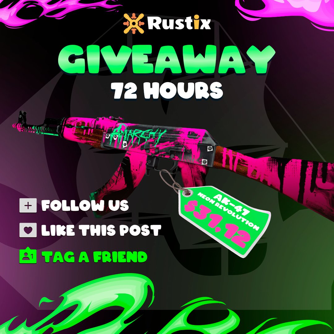 openstarsgg's tweet photo. $31.12 GIVEAWAY 🚀
AK-47 | NEON REVOLUTION

Join our giveaway now!

What needs to be done:
👍 Follow @rustix_io
❤️ Like this tweet
🔁 RT this tweet📷

🏆 The winner will be drawn in 72 hours, good luck! https://t.co/K2Ai9Wd6vk