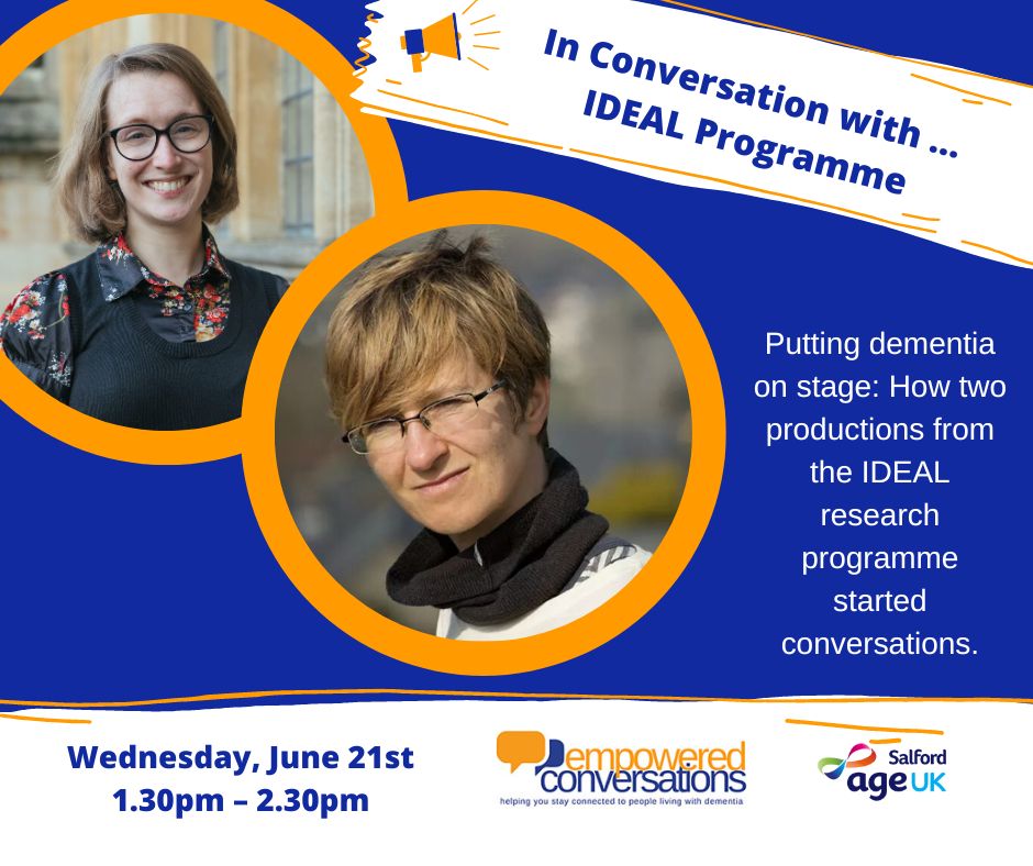 Places available for 'In Conversation with ... @IDEALStudyTweet this week.

<a href="/Dementia_UoB/">Dementia at Bradford</a> <a href="/Dementia_Worc/">Dementia Worcestershire</a> <a href="/UCLDementiaMSc/">@UCLDementia MSc</a> 
<a href="/MargaretRoweUoS/">Professor Margaret Rowe University of Salford Dean</a> <a href="/DementiaCommsCU/">Dementia Communication Cardiff</a> <a href="/MancCamerata/">Manchester Camerata</a> <a href="/GoofusTheatre/">Goofus Theatre CIC</a> <a href="/Arts4Dementia/">Arts for Dementia</a> <a href="/DementiaATrust/">Dementia Arts Trust</a> <a href="/Artsincarehomes/">Arts in Care Homes</a> 

To book your place - us02web.zoom.us/webinar/regist…