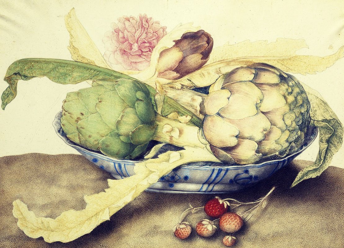 Artichokes,rose and strawberries. Giovanna Garzoni. C.1660. Galleria Palatina, Florence. I will be in Greece until the end of the month and plan to be offline. Meanwhile you can read my piece on Artichokes followed by a recipe for Artichoke Tortino on @tabletmag See link in bio.