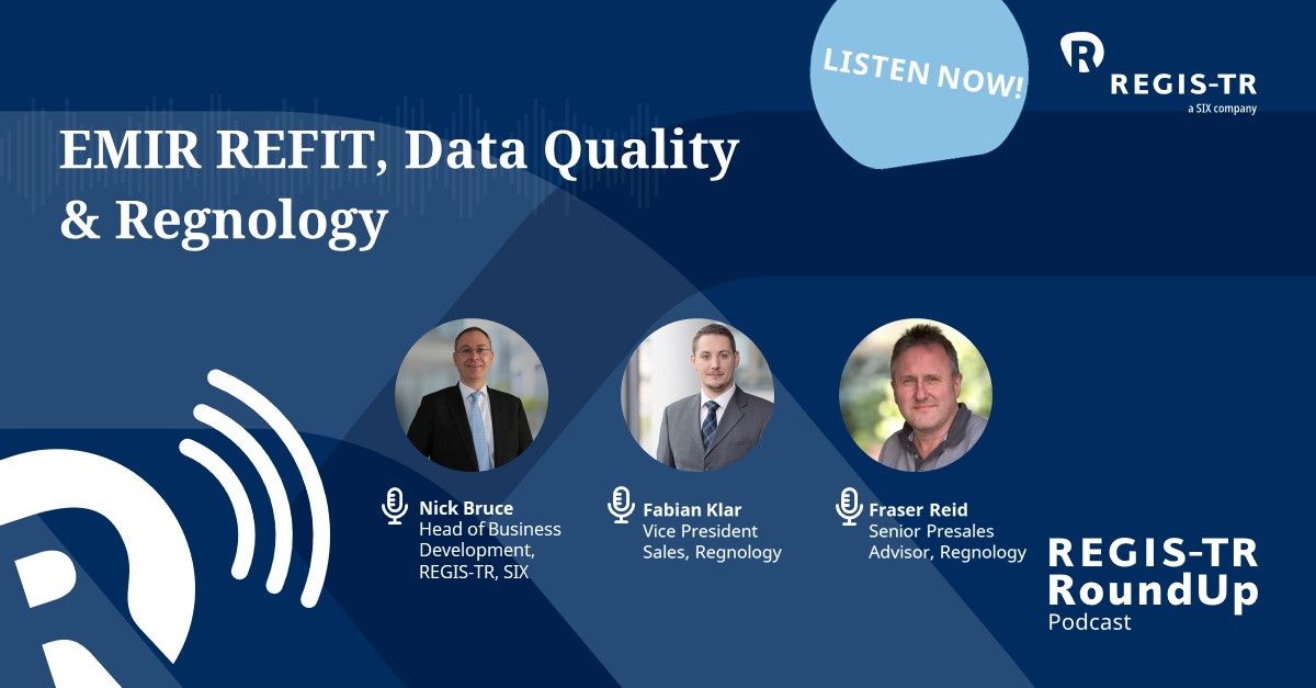 Our very own Fabian Klar and Fraser Reid had the pleasure of discussing EMIR REFIT and data quality on @TradeRepository's REGIS-TR Roundup Podcast.

🎧 Listen now: hubs.la/Q01TVTv-0

#podcast #EMIRREFIT #EMIR