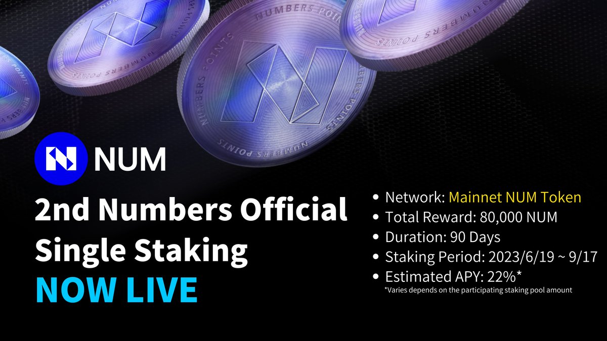 2nd official Mainnet single-staking pool is now live!

Network: Numbers Mainnet 
⏳Duration: 90 Days
💰Reward: 80K NUM
⏰2023/6/19, 13:00 UTC

👉Staking NOW: app.num.network/staking-mainne…
