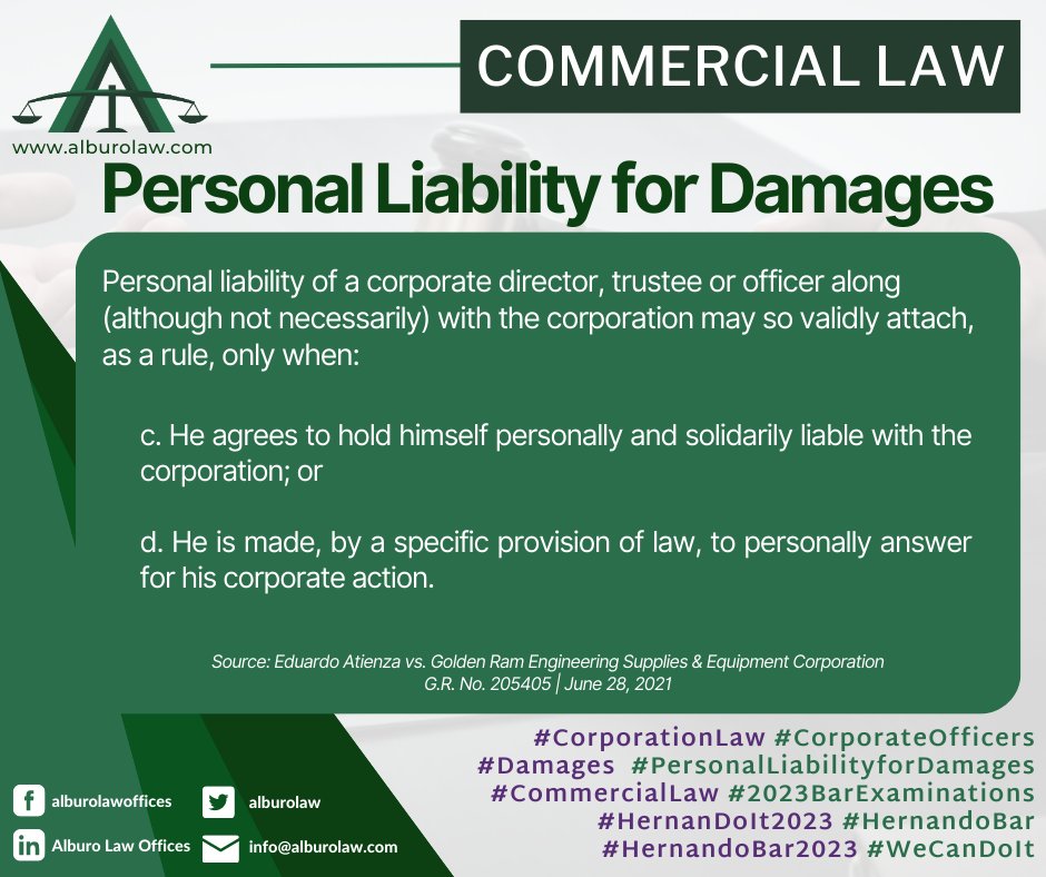 Are corporate directors, trustees or officers personally liable for acts of the corporation?

#CorporationLaw #CorporateOfficers
#Damages  #PersonalLiabilityforDamages
#CommercialLaw #2023BarExaminations #HernanDoIt2023 #HernandoBar #HernandoBar2023 #WeCanDoIt