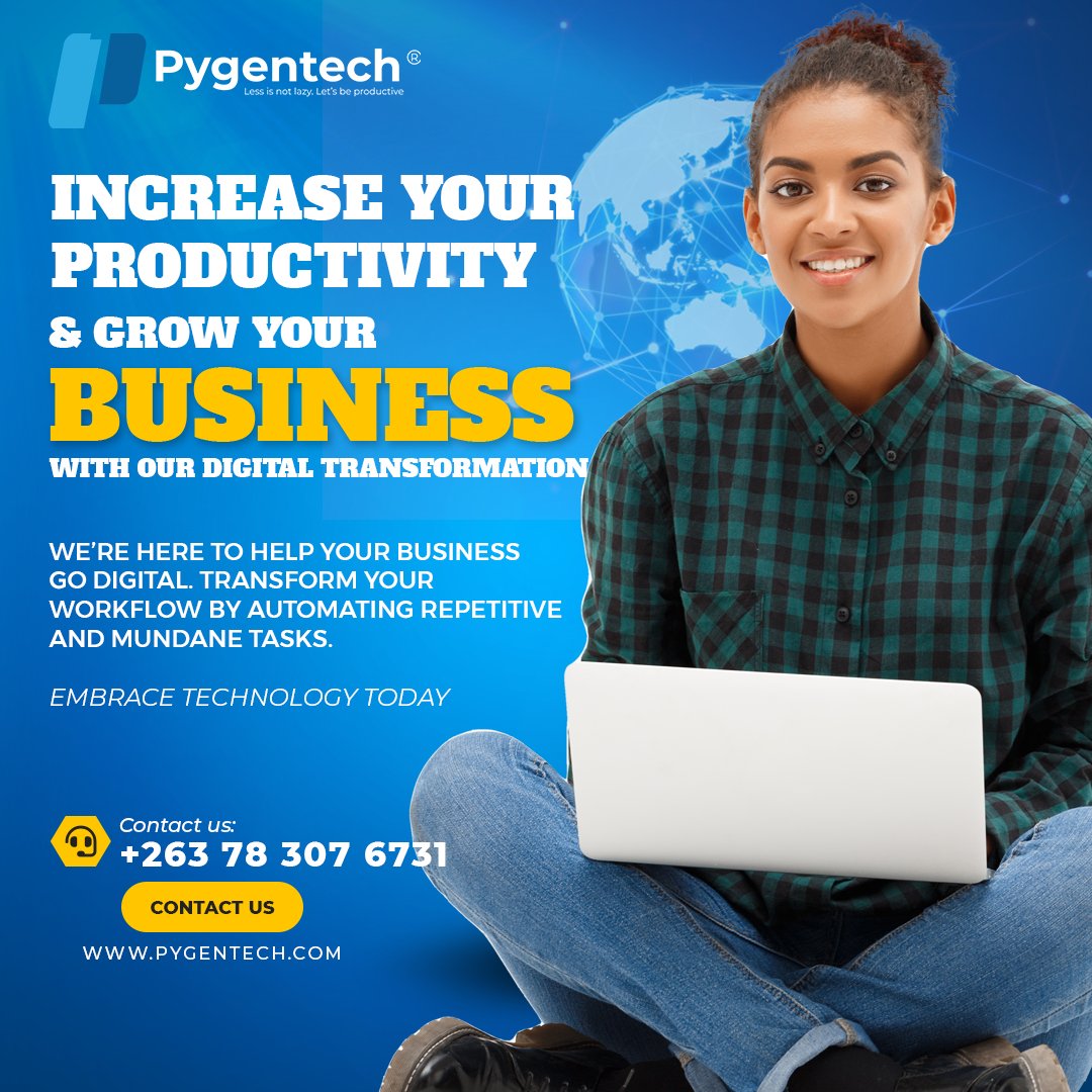PygenTech's tweet photo. 🚀📈 Ready to take your business to the next level? Our digital transformation services can help you increase productivity and grow your business! 💻💼 

Don't wait any longer, contact us today at +263 78 307 6731 to learn more and get started! 📲💬  #LetsGrowTogether https://t.co/00f8mMztUV