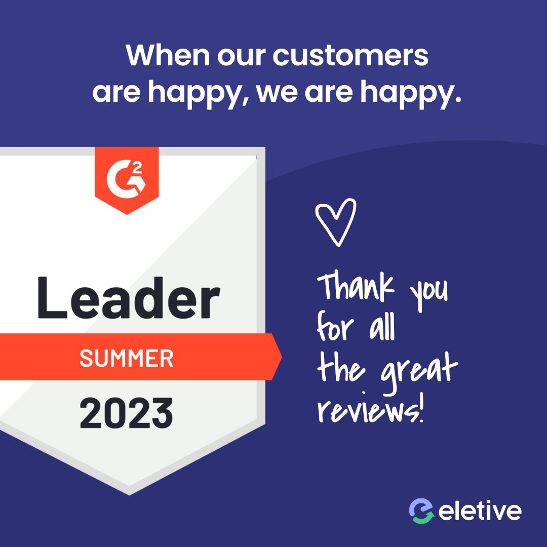 We are LEADERS on <a href="/G2/">G2</a> Summer 2023 in the category Employee Engagement Tools!🤳💜

Head on over to G2 to learn how our customers feel about Eletive⤵️

hubs.ly/Q01TVZgW0

#G2 #reviews #Saas #employeeengagement
