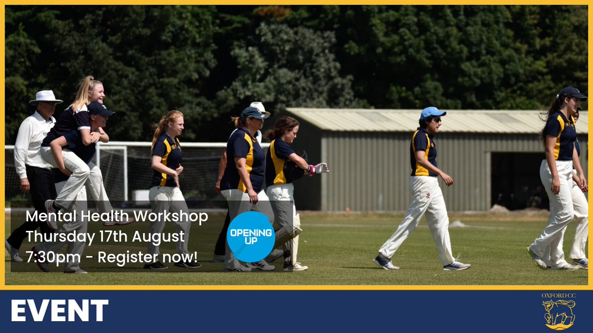 Oxford Cricket Club (@oxcricketclub) on Twitter photo We are hosting <a href="/OpeningUpCC/">Opening Up Cricket</a> on Thursday 17 August for a Mental Health Workshop!!
Everyone is welcome to attend the free session 💚💚
Please register your interest by clicking on link below
forms.gle/9yV9y5qBak7kVx…
#mentalhealth
#itsnotweaktospeak
#breakthestigma We are hosting <a href="/OpeningUpCC/">Opening Up Cricket</a> on Thursday 17 August for a Mental Health Workshop!!
Everyone is welcome to attend the free session 💚💚
Please register your interest by clicking on link below
forms.gle/9yV9y5qBak7kVx…
#mentalhealth
#itsnotweaktospeak
#breakthestigma