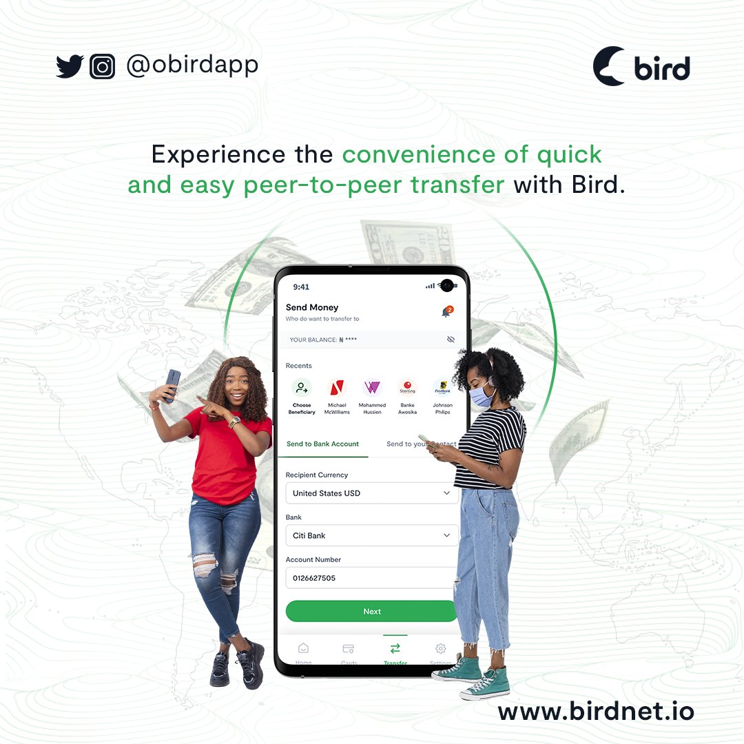 ObirdApp's tweet photo. Experience the convenience of quick and easy peer-to-peer transfer with Bird.

Find out more at https://t.co/TsEBhIyJmq

#Sendandreceivemoney
#Bird
#Moneytransfer https://t.co/W7gXRnfoCI