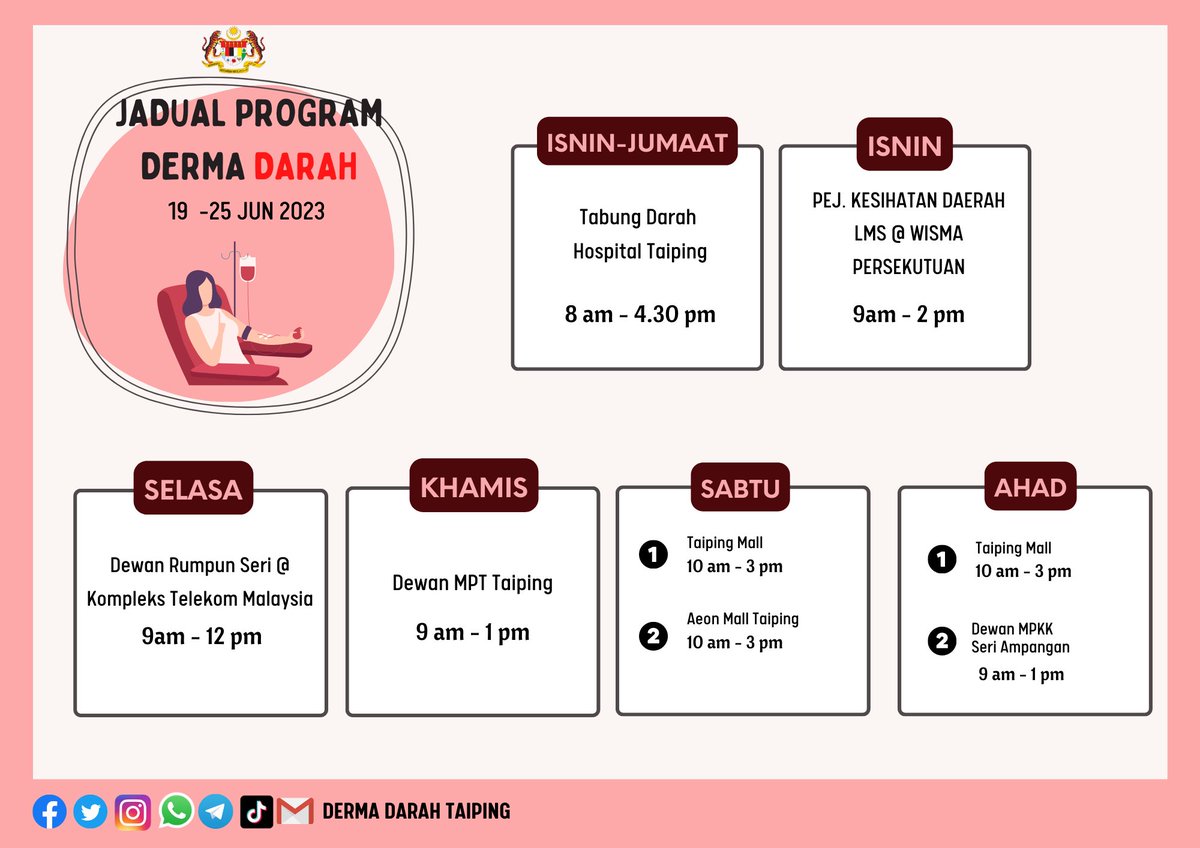 Jadual kempen derma darah sepanjang minggu ini dari  19 - 25 Jun 2023. 
#DermaDarahTaiping
#dermadarahselamatkannyawa
#darahtakpernahcuti
#wbdd2023