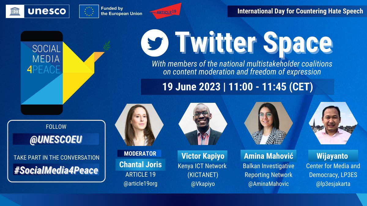 🚨STARTING IN 15 MINUTES:
Join us in promoting peace and countering #HateSpeech online!

📣 Take part in today's #TwitterSpace for International Day for Countering Hate Speech: twitter.com/i/spaces/1OyKA……  
Part of @UNESCO's #SocialMedia4Peace project funded by @EU_FPI