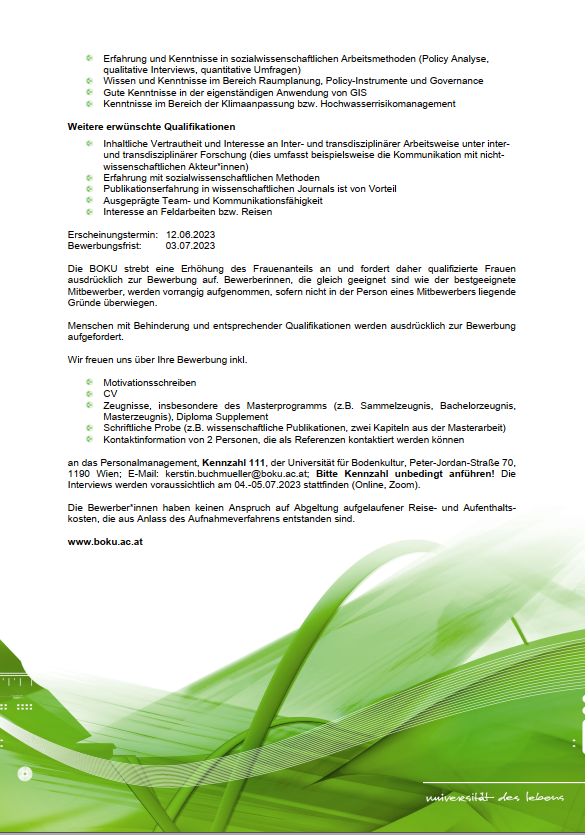 🧐Open position 

🌳The Horizon Europe project LAND4CLIMATE aims to increase the resilience of landscapes and urban settlements, by stimulating the implementation of nature-based solutions (NBS) 

Check out this open position at the Institute of Landscape Architecture <a href="/BOKUvienna/">BOKU University</a>