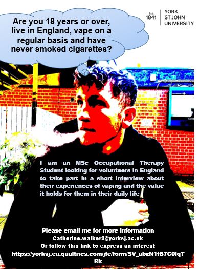 📢Please can you help, I am looking for someone to complete my short interview about their experiences of vaping to help with my MSc in Occupation Therapy!
#YSJOT #Occupationaltherapy #Occupationalscience