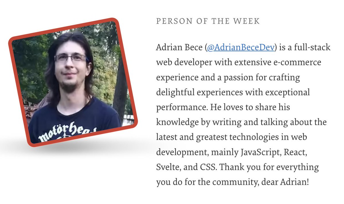 Our Person of the Week is a full-stack web developer who loves crafting delightful, performant experiences and sharing his knowledge as an author. Drumrolls, please, for... Adrian Bece!

Thank you for everything you do for the community, dear @AdrianBeceDev!

#smashingcommunity