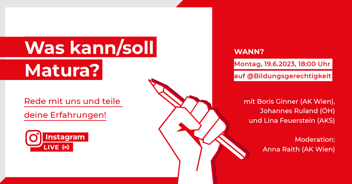 Wir diskutieren heute ab 18.00 Uhr live über die Matura, Alternativen und Möglichkeiten ihrer Weiterentwicklung >>>
instagram.com/bildungsgerech…
