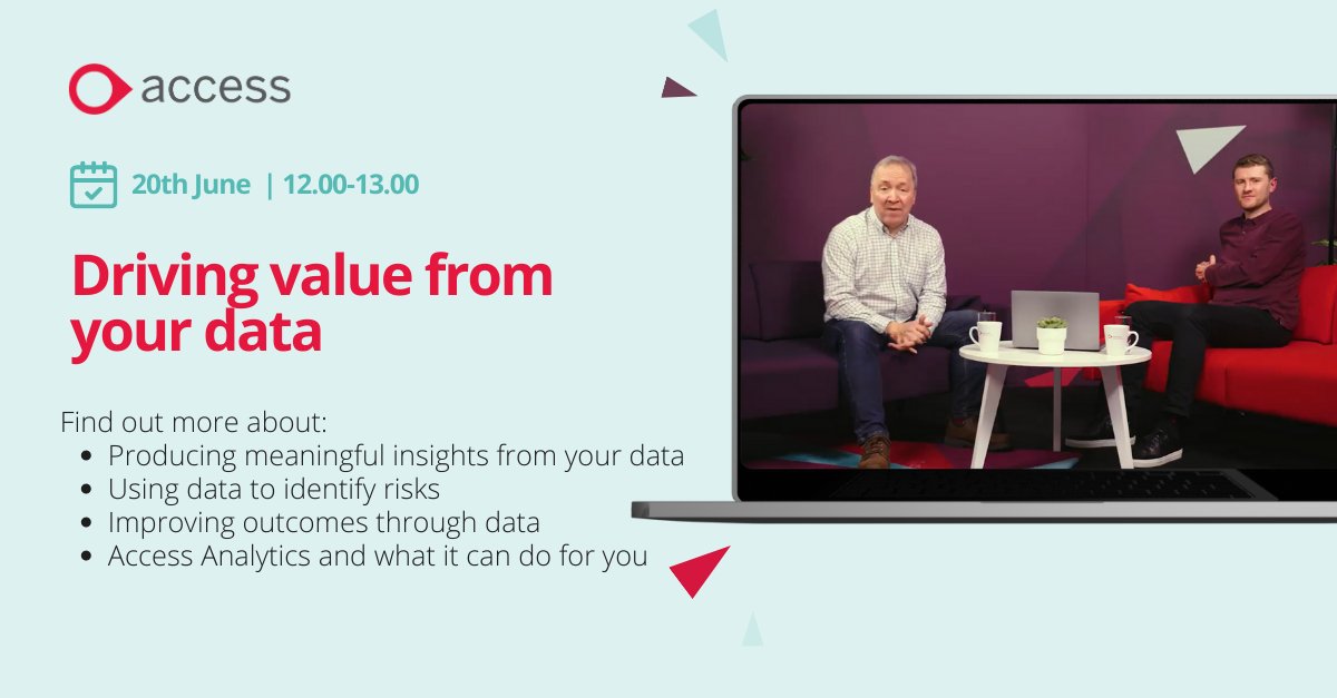 AccessCareMgmt's tweet photo. Join Martin Lowthian and Andrew Trott tomorrow for our Digital Care Lounge - 'Driving value from your data'
You can still sign up at https://t.co/jNeKdiOIzf
#Webinar #Data #DrivingValue #Analytics #AccessCare https://t.co/nVwMjw0XSi