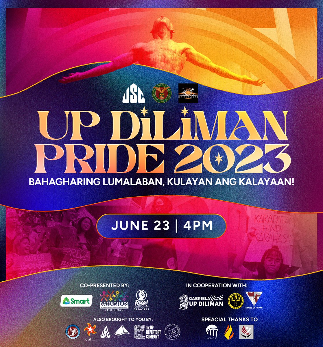 USCUPDiliman's tweet photo. Handa na ba kayong rumampa at sama-samang lumavarn para sa ating karapatan? 👠

Tara na’t kulayan ang UP Diliman at makiisa sa martsa at protesta para sa isang makulay at mapagpalayang kinabukasan! 🌈 BAHAGHARING LUMALABAN, KULAYAN ANG KALAYAAN! 🏳️‍🌈🏳️‍⚧️

#Pride2023 https://t.co/XrDBQg0DC1